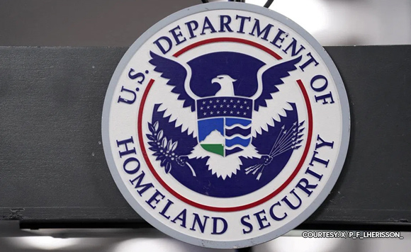 Circular seal of the U.S. Department of Homeland Security with an eagle and shield in blue, red, and white text.